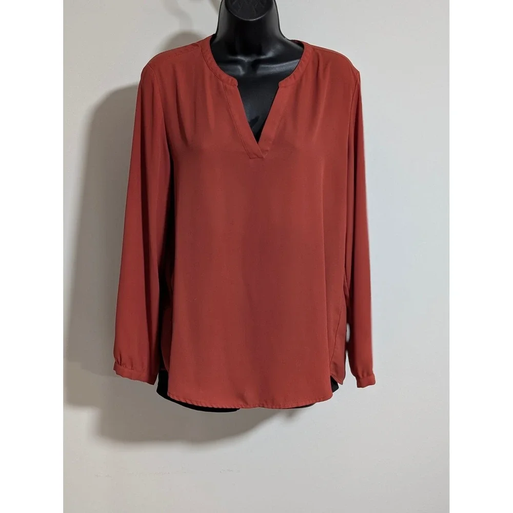 Adrianna Papell Blouse V-Neck Long Sleeve Casual Top Red Orange Size Medium - Picture 1 of 5